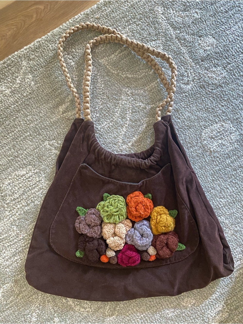 RARE Vintage 1960s Boho Handbag Purse, Brown Suede Embroidered, Merri-Mirth EXC.